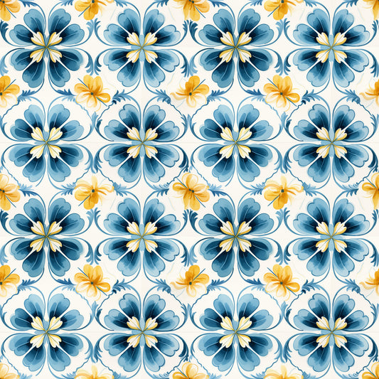blue, yellow, white, floral motifs, hand painted tiles, mediterranean style, decorative flowers, geometric pattern, repeating design, watercolor effect, quilting cotton, fabric panel, botanical elements, tile inspired, azure blue, golden yellow, ornamental pattern, seamless repeat, artistic florals, crafting fabric