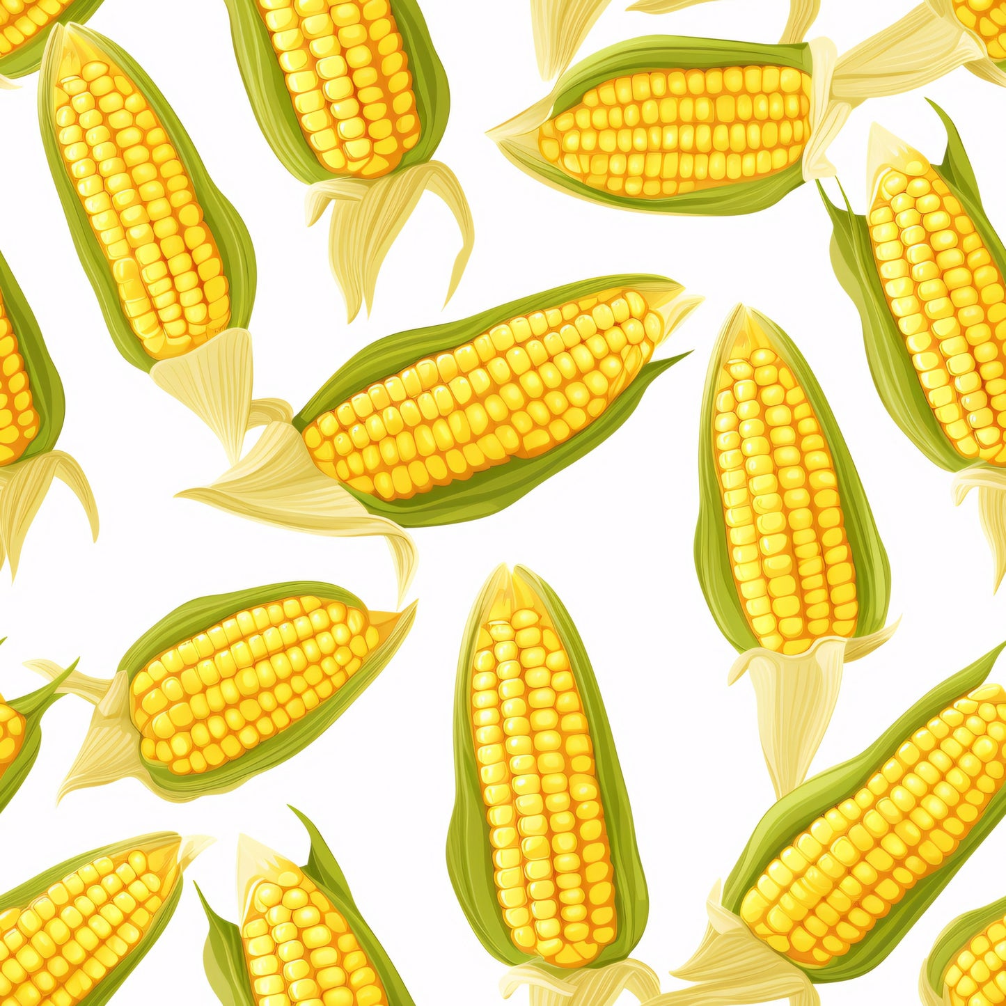 yellow, golden, green, white, corn pattern, vegetable design, seamless repeat, realistic illustration, farm fresh, harvest theme, quilting cotton, fabric panel, food motif, kernels, husks, agricultural, summer produce, garden vegetables, cooking theme, kitchen decor