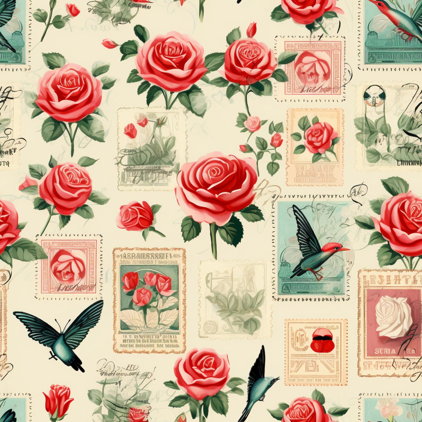 vintage stamps, red roses, coral pink, cream background, hummingbirds, postal theme, floral motifs, quilting cotton, fabric panel, romantic pattern, botanical design, nostalgic style, stamp collection, bird illustrations, rose blooms, green leaves, retro aesthetic, cottage core, nature elements, soft pastels