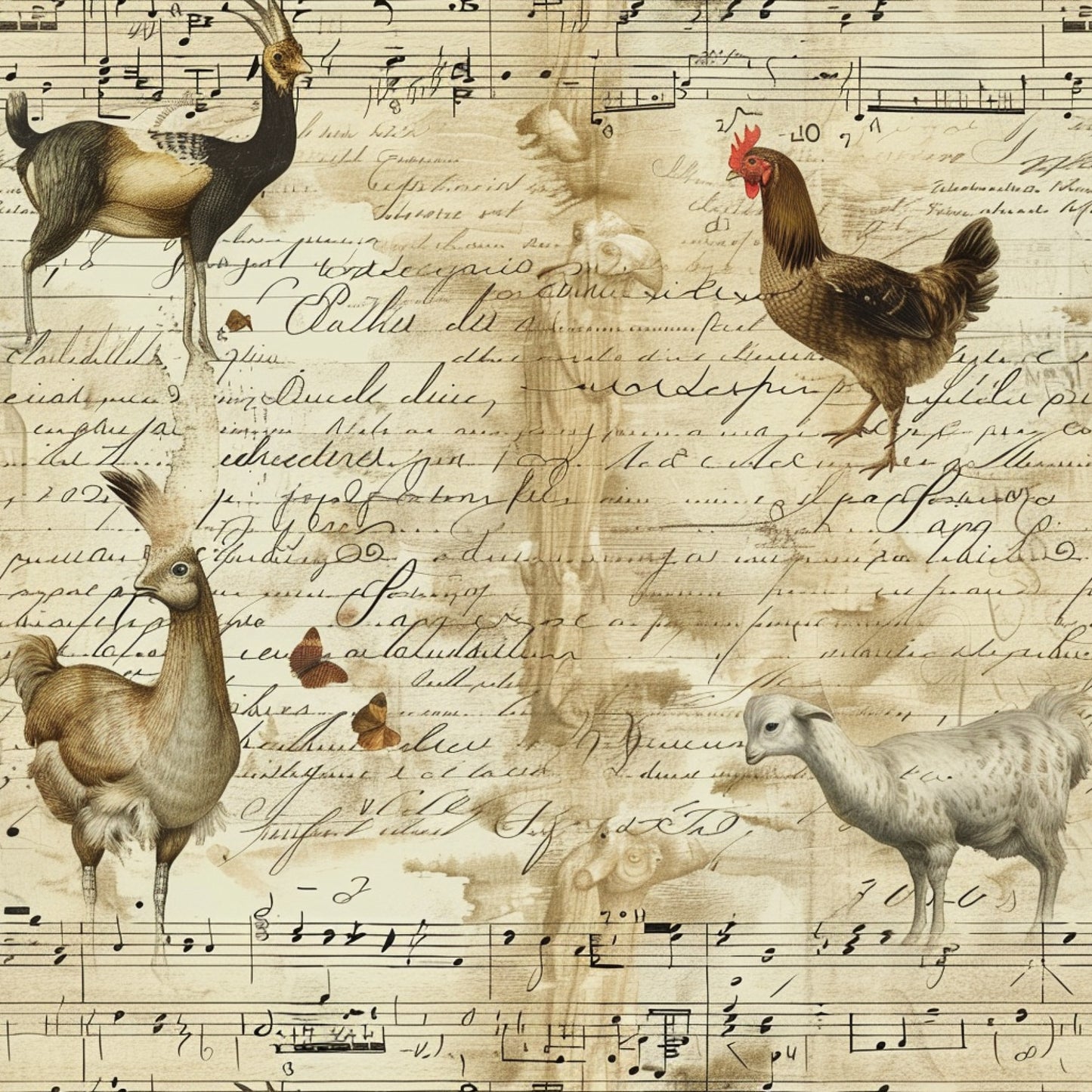 farm animals, roosters, chickens, ducks, geese, musical notes, sheet music, vintage script, handwriting, sepia tones, cream background, brown ink, antique style, pastoral theme, quilting cotton, fabric panel, poultry birds, aged paper, calligraphy text, rustic charm, farmyard scene