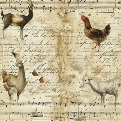 farm animals, roosters, chickens, ducks, geese, musical notes, sheet music, vintage script, handwriting, sepia tones, cream background, brown ink, antique style, pastoral theme, quilting cotton, fabric panel, poultry birds, aged paper, calligraphy text, rustic charm, farmyard scene