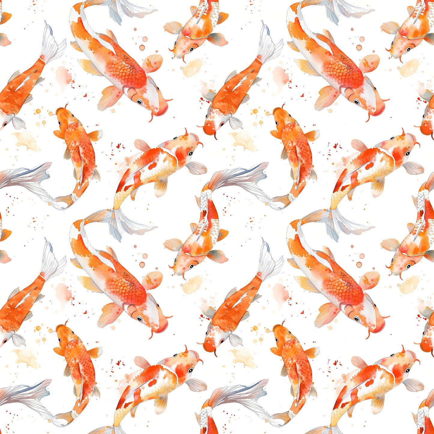 watercolor fish, koi fish, orange fish, coral colors, peach tones, gray fins, swimming fish, aquatic pattern, seamless repeat, watercolor splashes, asian inspired, pond fish, flowing fins, soft pastels, quilting cotton, fabric panel, serene mood, nature design, fish scales, graceful movement