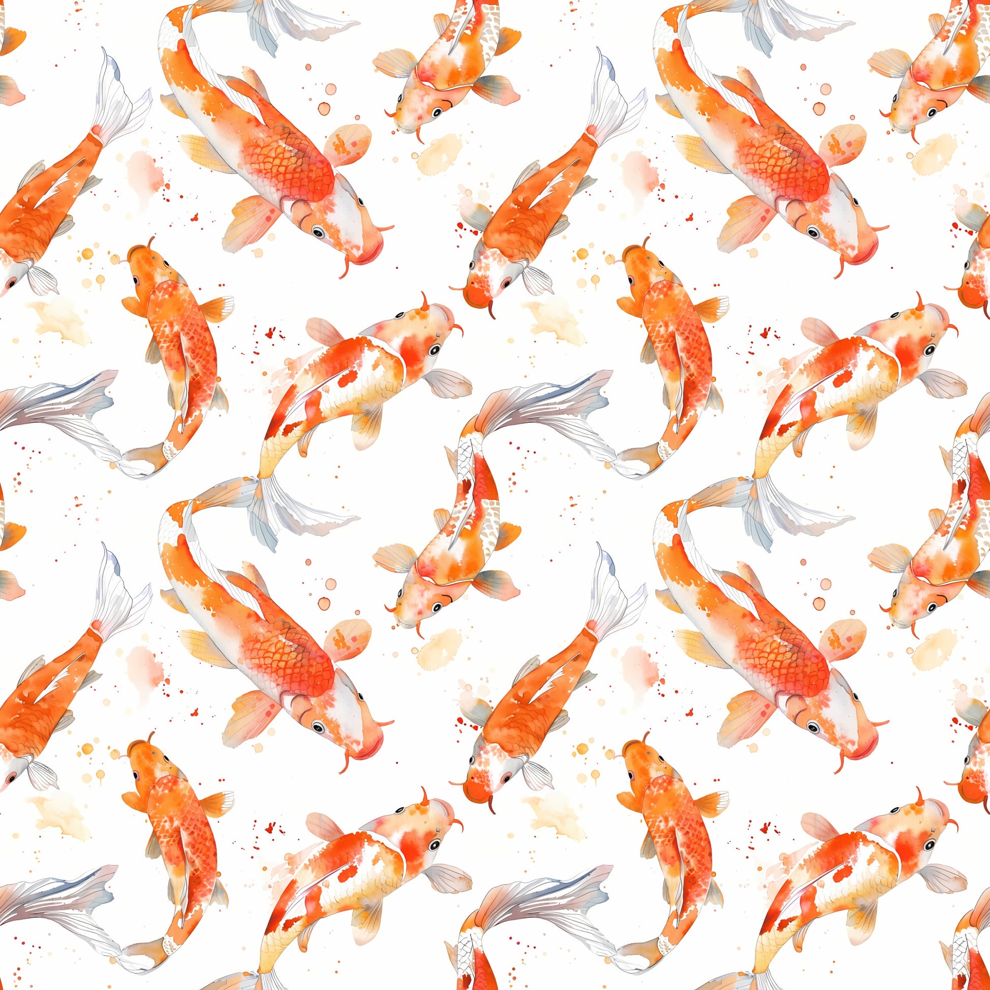 watercolor fish, koi fish, orange fish, coral colors, peach tones, gray fins, swimming fish, aquatic pattern, seamless repeat, watercolor splashes, asian inspired, pond fish, flowing fins, soft pastels, quilting cotton, fabric panel, serene mood, nature design, fish scales, graceful movement
