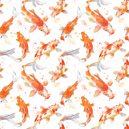 watercolor fish, koi fish, orange fish, coral colors, peach tones, gray fins, swimming fish, aquatic pattern, seamless repeat, watercolor splashes, asian inspired, pond fish, flowing fins, soft pastels, quilting cotton, fabric panel, serene mood, nature design, fish scales, graceful movement