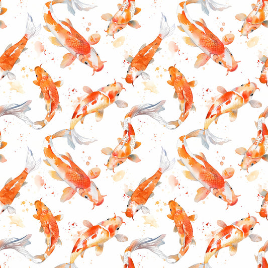 watercolor fish, koi fish, orange fish, coral colors, peach tones, gray fins, swimming fish, aquatic pattern, seamless repeat, watercolor splashes, asian inspired, pond fish, flowing fins, soft pastels, quilting cotton, fabric panel, serene mood, nature design, fish scales, graceful movement