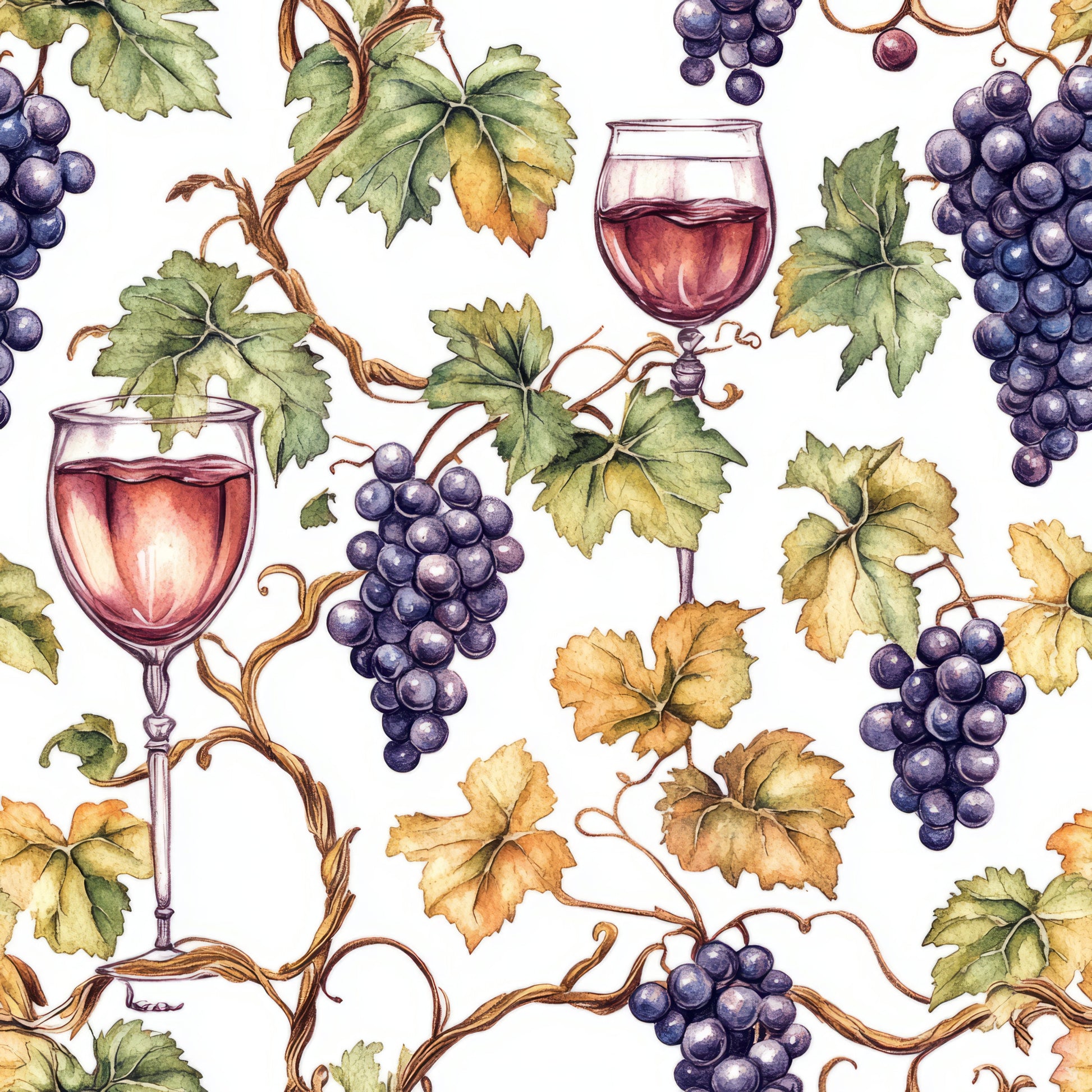 burgundy, deep purple, golden yellow, sage green, wine glasses, grape clusters, vineyard vines, grape leaves, autumn foliage, watercolor style, botanical pattern, wine theme, quilting cotton, fabric panel, seasonal colors, harvest motif, repeating pattern, nature elements, fall colors, viticulture design