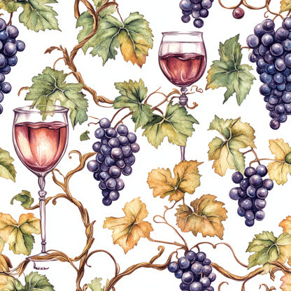 burgundy, deep purple, golden yellow, sage green, wine glasses, grape clusters, vineyard vines, grape leaves, autumn foliage, watercolor style, botanical pattern, wine theme, quilting cotton, fabric panel, seasonal colors, harvest motif, repeating pattern, nature elements, fall colors, viticulture design