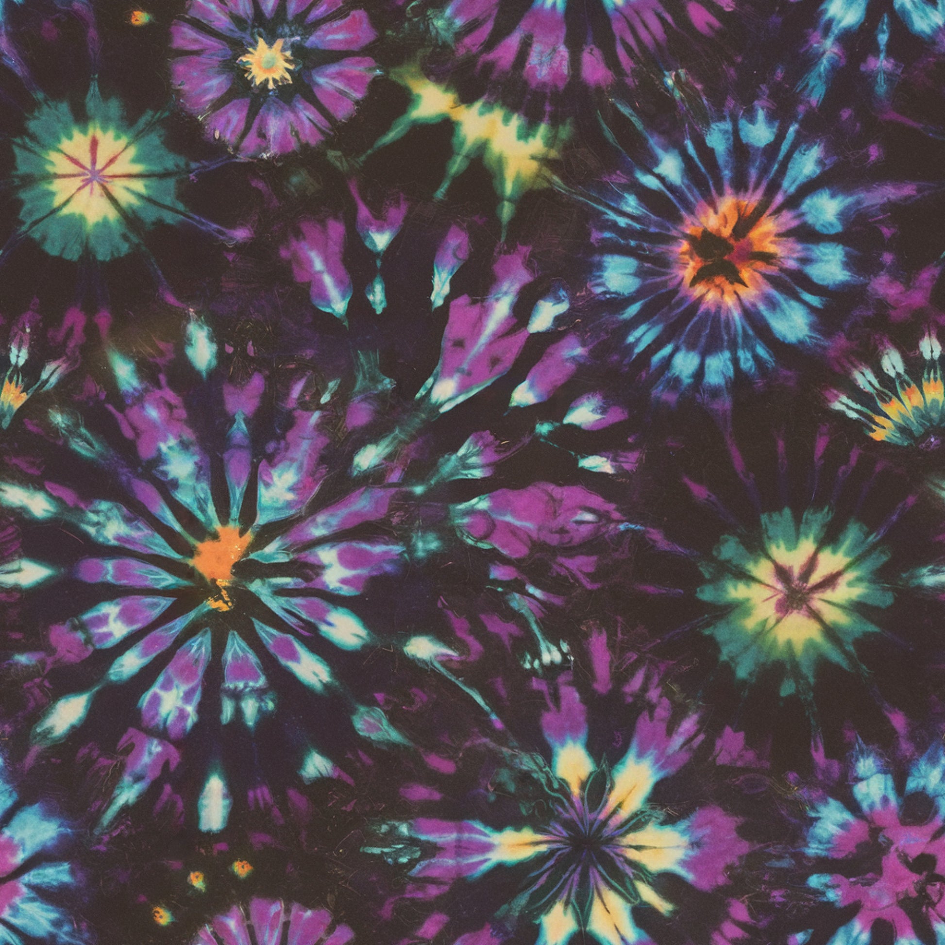 tie dye, retro pattern, purple, turquoise, orange, yellow, magenta, black background, spiral design, starburst pattern, psychedelic, vibrant colors, radiating circles, groovy style, 1960s inspired, quilting cotton, fabric panel, bohemian, rainbow colors, burst motifs