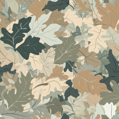 realistic camouflage, hunting camo, autumn leaves, oak leaves, forest pattern, earth tones, beige, tan, olive green, sage green, brown, cream, leaf silhouettes, woodland design, outdoor theme, quilting cotton, fabric panel, nature motif, fall foliage, layered leaves