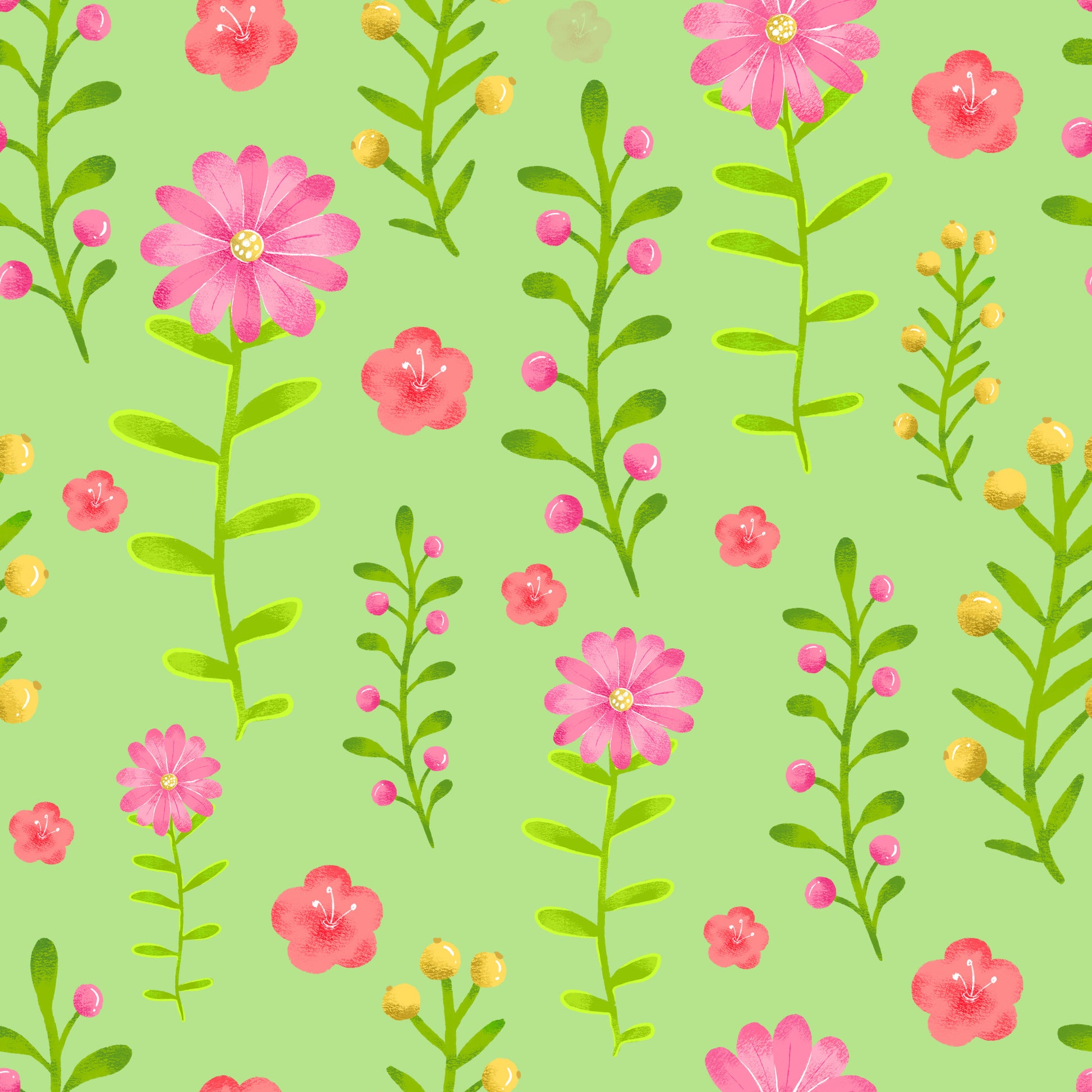pink flowers, coral blooms, yellow buds, lime green background, mint green, floral pattern, hand drawn style, botanical design, wildflowers, daisy-like blooms, stems and leaves, quilting cotton, fabric panel, spring theme, cheerful mood, watercolor style, repeating pattern, garden flowers, feminine design, crafting material