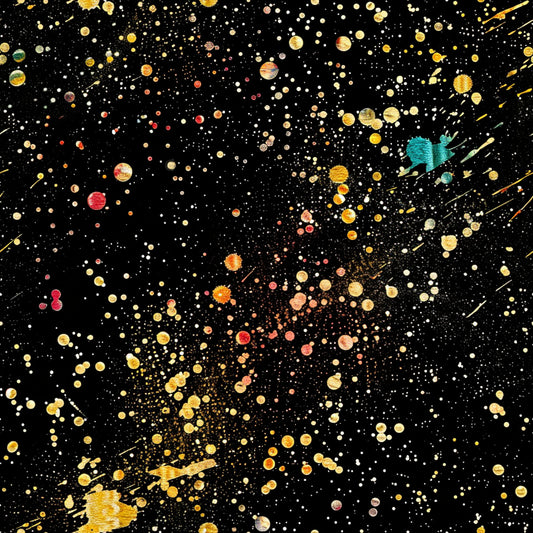 black background, gold splatter, paint drops, abstract pattern, cosmic design, starry night, metallic accents, red spots, turquoise details, orange splatters, yellow circles, white dots, celestial theme, space motif, glitter effect, quilting cotton, fabric panel, modern art, contemporary design, galaxy pattern