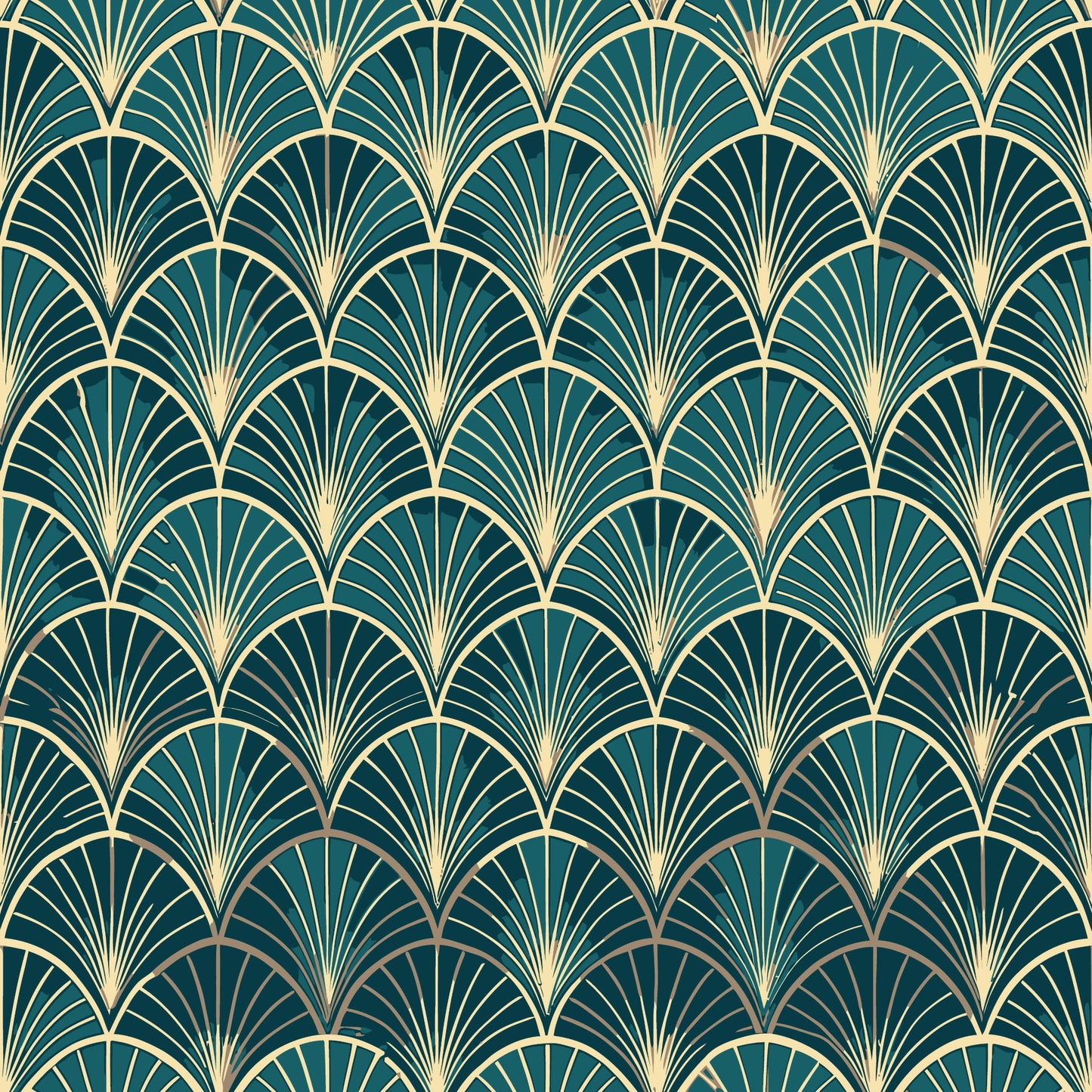 teal green, gold, cream, art deco, fan pattern, scalloped motifs, geometric design, radiating lines, repetitive pattern, vintage style, elegant, sophisticated, quilting cotton, fabric panel, luxurious, ornamental, peacock feathers, shell pattern, 1920s inspired, decorative motifs