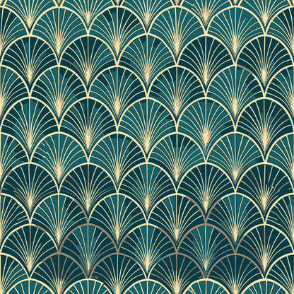 teal green, gold, cream, art deco, fan pattern, scalloped motifs, geometric design, radiating lines, repetitive pattern, vintage style, elegant, sophisticated, quilting cotton, fabric panel, luxurious, ornamental, peacock feathers, shell pattern, 1920s inspired, decorative motifs