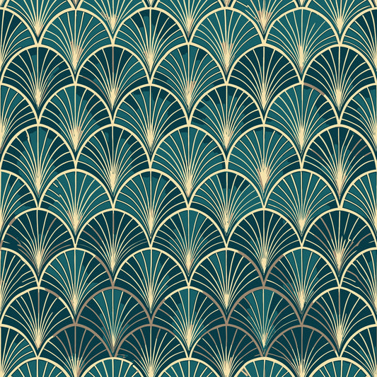 teal green, gold, cream, art deco, fan pattern, scalloped motifs, geometric design, radiating lines, repetitive pattern, vintage style, elegant, sophisticated, quilting cotton, fabric panel, luxurious, ornamental, peacock feathers, shell pattern, 1920s inspired, decorative motifs