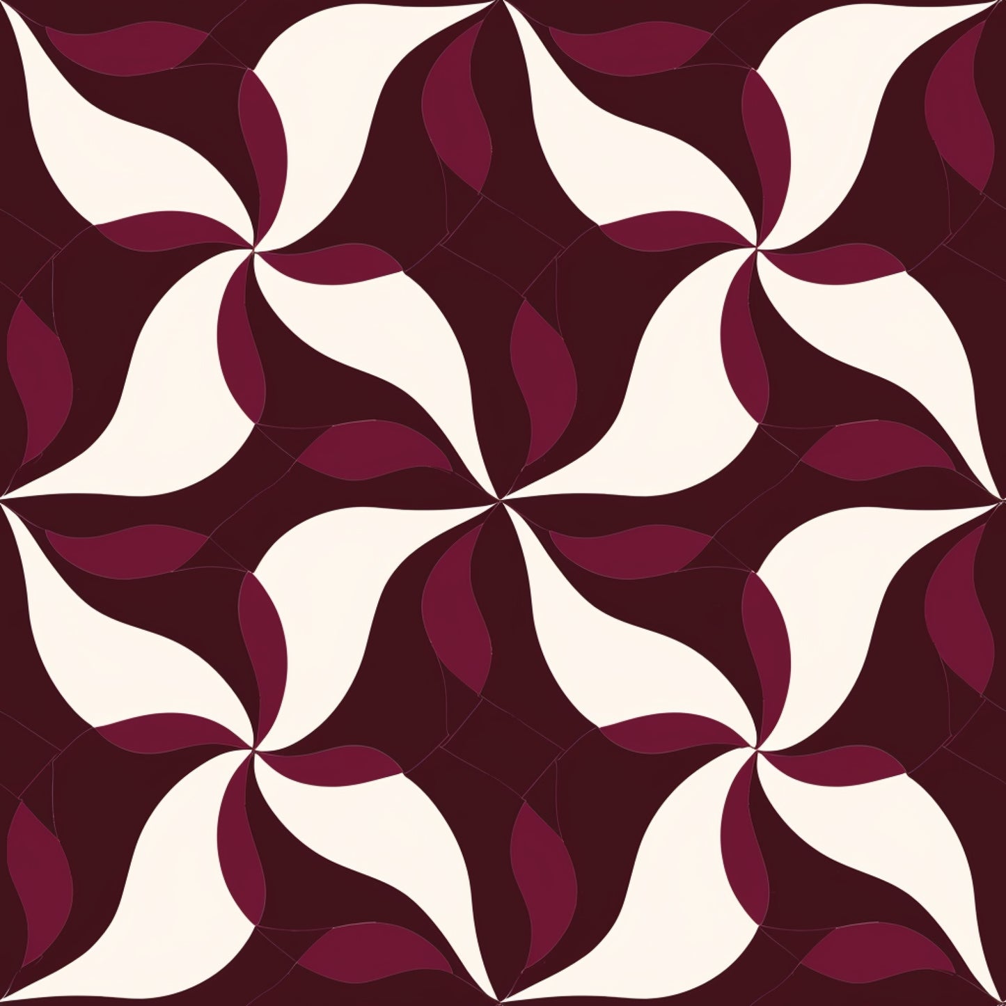 burgundy, maroon, cream, ivory, abstract pattern, geometric design, swirl motif, pinwheel pattern, curved shapes, flowing lines, quilting cotton, fabric panel, seamless repeat, radiating design, circular motifs, warm tones, contemporary style, modern geometric, overlapping curves, decorative pattern