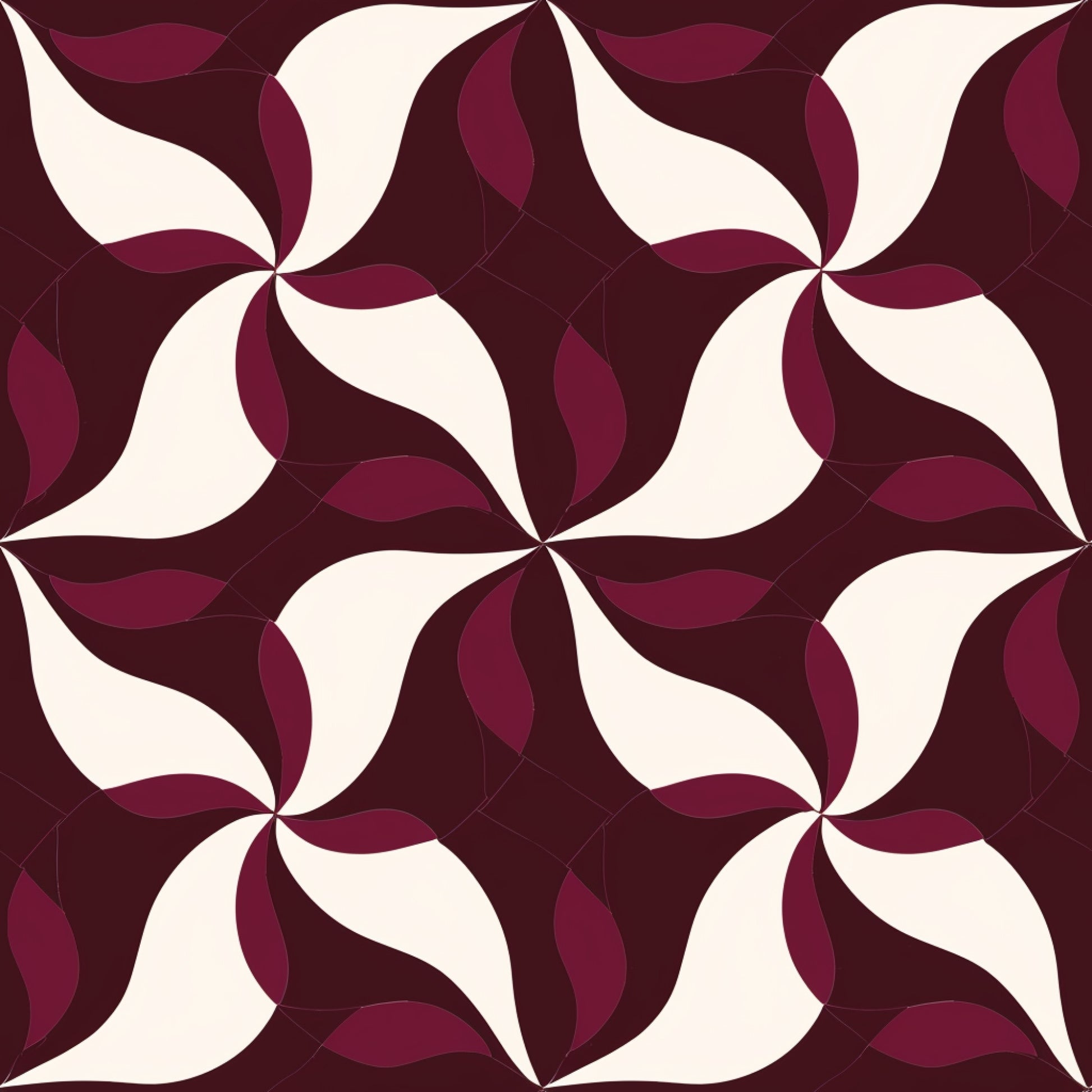 burgundy, maroon, cream, ivory, abstract pattern, geometric design, swirl motif, pinwheel pattern, curved shapes, flowing lines, quilting cotton, fabric panel, seamless repeat, radiating design, circular motifs, warm tones, contemporary style, modern geometric, overlapping curves, decorative pattern