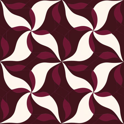 burgundy, maroon, cream, ivory, abstract pattern, geometric design, swirl motif, pinwheel pattern, curved shapes, flowing lines, quilting cotton, fabric panel, seamless repeat, radiating design, circular motifs, warm tones, contemporary style, modern geometric, overlapping curves, decorative pattern