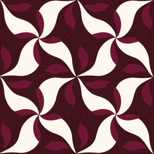 burgundy, maroon, cream, ivory, abstract pattern, geometric design, swirl motif, pinwheel pattern, curved shapes, flowing lines, quilting cotton, fabric panel, seamless repeat, radiating design, circular motifs, warm tones, contemporary style, modern geometric, overlapping curves, decorative pattern