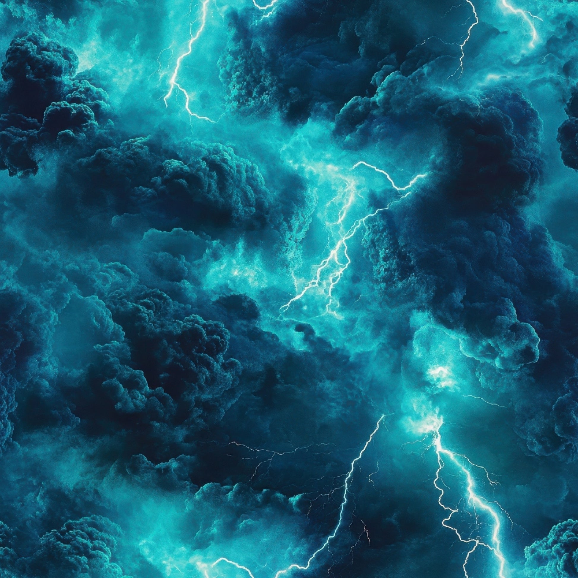 turquoise, teal, navy blue, aqua, lightning bolts, thunderstorm, storm clouds, dramatic sky, electric patterns, quilting cotton, fabric panel, weather theme, atmospheric, moody, tempest, electrical discharge, stormy weather, nature elements, blue tones, meteorological