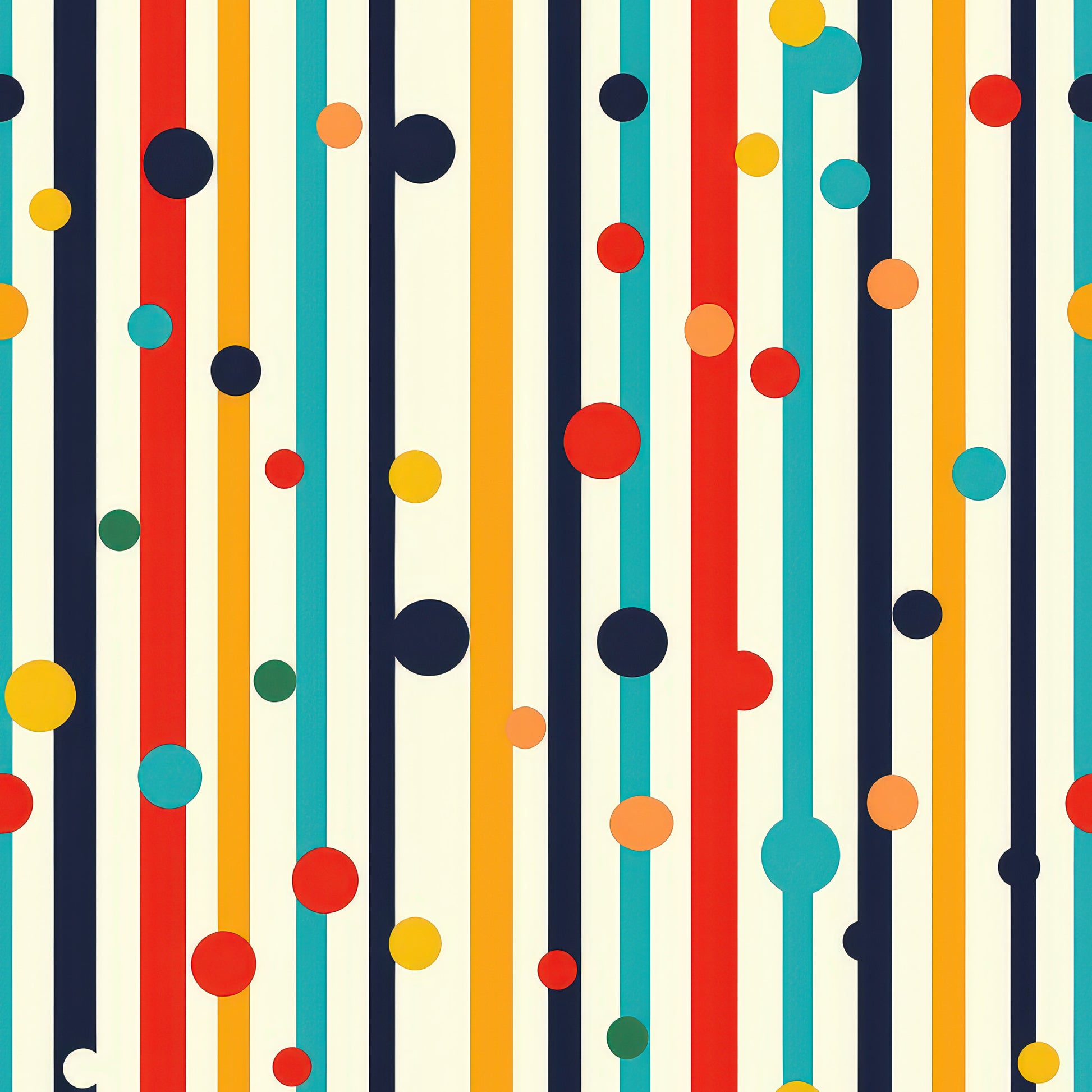 colorful stripes, polka dots, geometric pattern, vertical lines, red, orange, yellow, teal, navy blue, green, cream background, modern design, abstract pattern, quilting cotton, fabric panel, contemporary style, vibrant colors, playful design, circular elements, striped motif