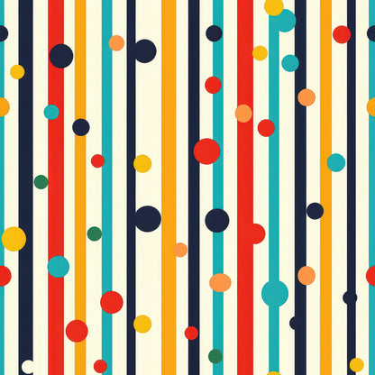 colorful stripes, polka dots, geometric pattern, vertical lines, red, orange, yellow, teal, navy blue, green, cream background, modern design, abstract pattern, quilting cotton, fabric panel, contemporary style, vibrant colors, playful design, circular elements, striped motif