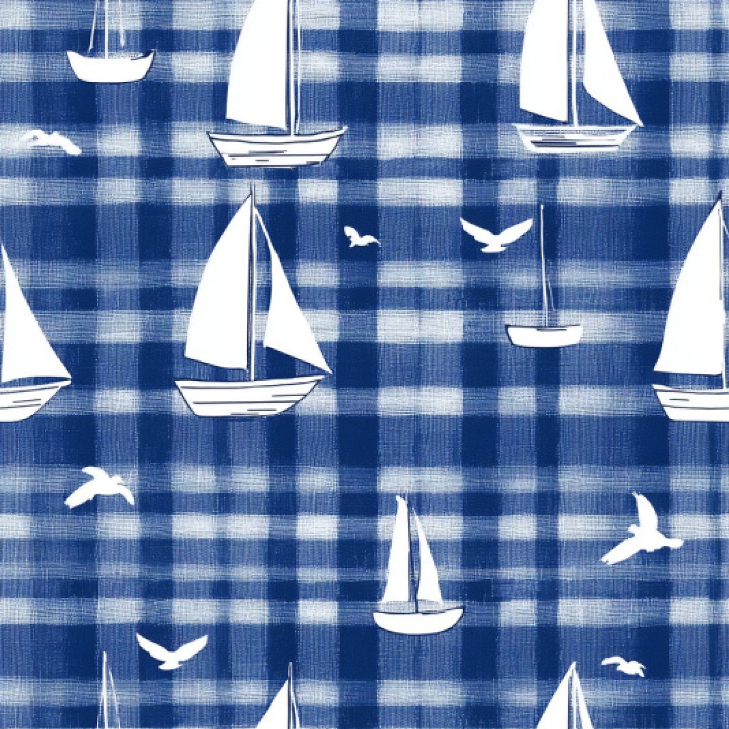 blue, white, sailboats, seagulls, nautical, gingham, checkered, ocean, maritime, sailing, boats, birds, coastal, fabric panel, quilting cotton, sea theme, marine life, sailing vessels, plaid background, nautical motifs