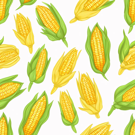 yellow corn, golden kernels, green husks, corn cobs, vegetable pattern, harvest theme, farm produce, autumn motifs, scattered design, bright yellow, lime green, quilting cotton, fabric panel, food illustration, agricultural design, realistic style, cheerful mood, kitchen theme, cooking motifs, summer harvest