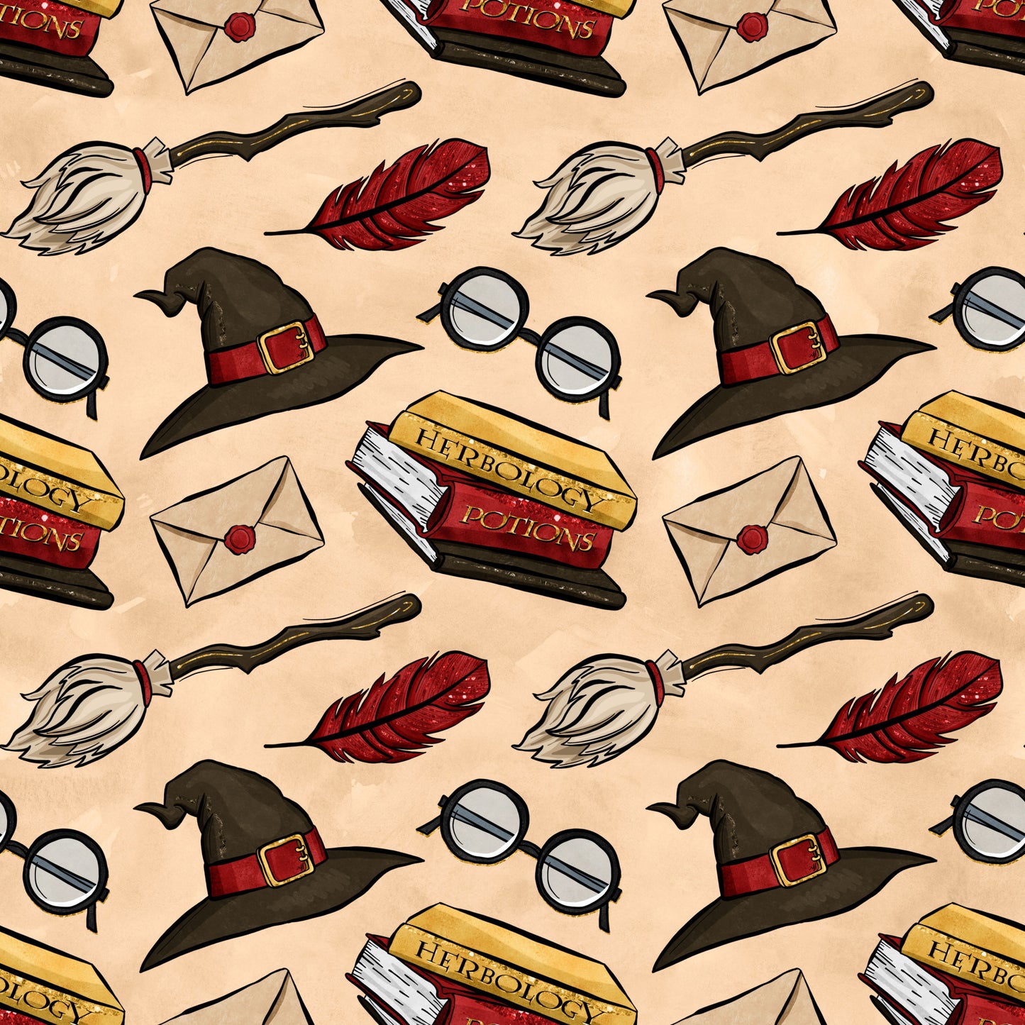 beige background, wizard hat, round glasses, red feather, broomstick, potion books, herbology, envelope, wax seal, magical items, repeating pattern, cartoon style, fantasy theme, quilting cotton, fabric panel, witch hat, spell books, magic school, whimsical design, brown hat