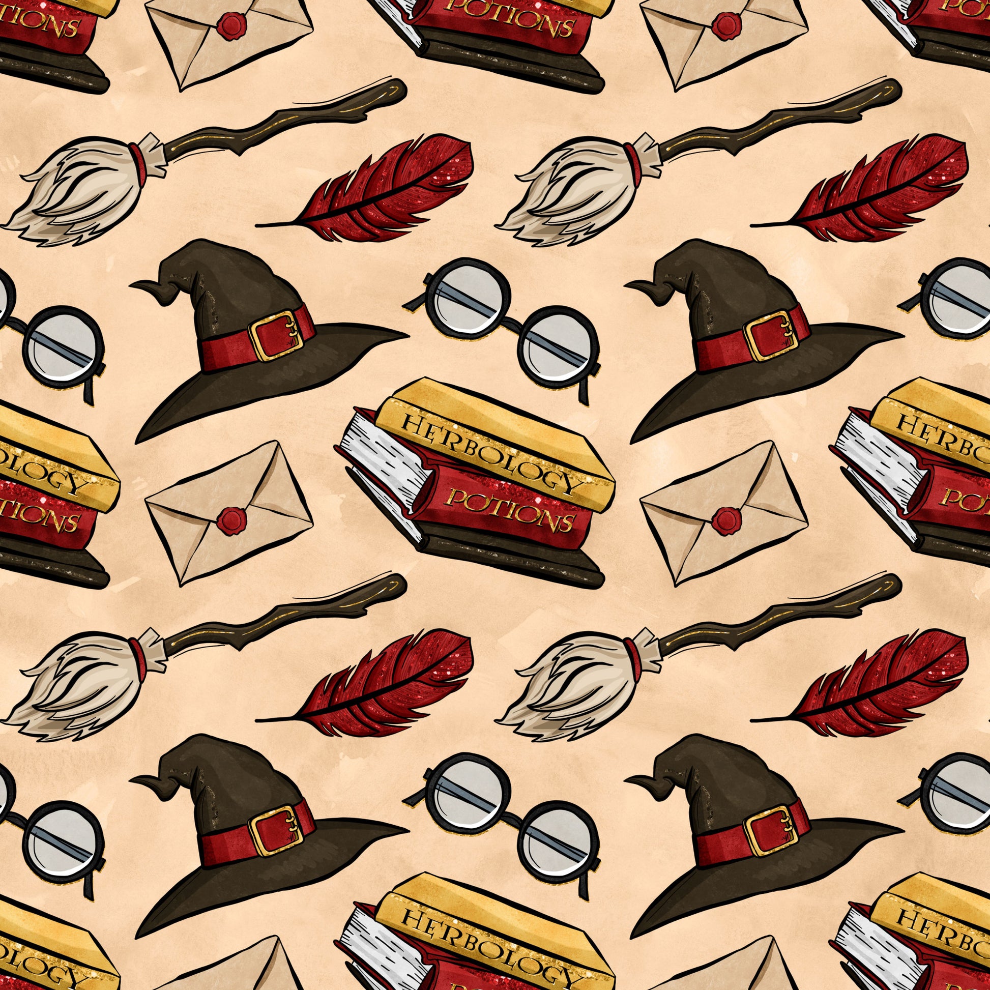 beige background, wizard hat, round glasses, red feather, broomstick, potion books, herbology, envelope, wax seal, magical items, repeating pattern, cartoon style, fantasy theme, quilting cotton, fabric panel, witch hat, spell books, magic school, whimsical design, brown hat
