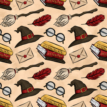 beige background, wizard hat, round glasses, red feather, broomstick, potion books, herbology, envelope, wax seal, magical items, repeating pattern, cartoon style, fantasy theme, quilting cotton, fabric panel, witch hat, spell books, magic school, whimsical design, brown hat
