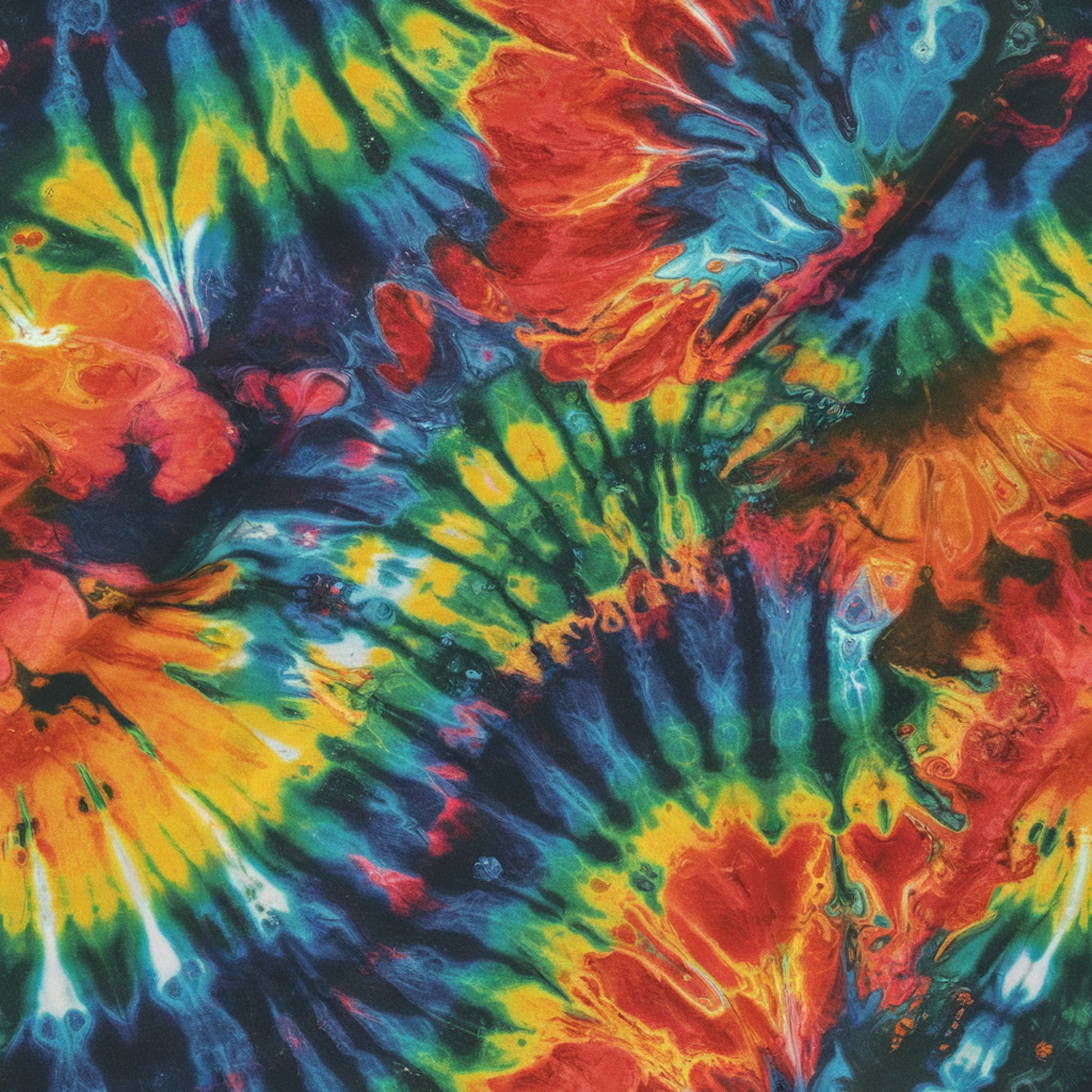 tie dye, psychedelic, swirled pattern, vibrant colors, electric blue, bright red, neon green, golden yellow, orange, rainbow colors, fluid design, abstract art, retro style, groovy pattern, cotton fabric, quilting panel, flowing movement, colorful swirls, hippie aesthetic, kaleidoscope effect