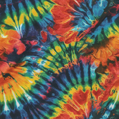 tie dye, psychedelic, swirled pattern, vibrant colors, electric blue, bright red, neon green, golden yellow, orange, rainbow colors, fluid design, abstract art, retro style, groovy pattern, cotton fabric, quilting panel, flowing movement, colorful swirls, hippie aesthetic, kaleidoscope effect