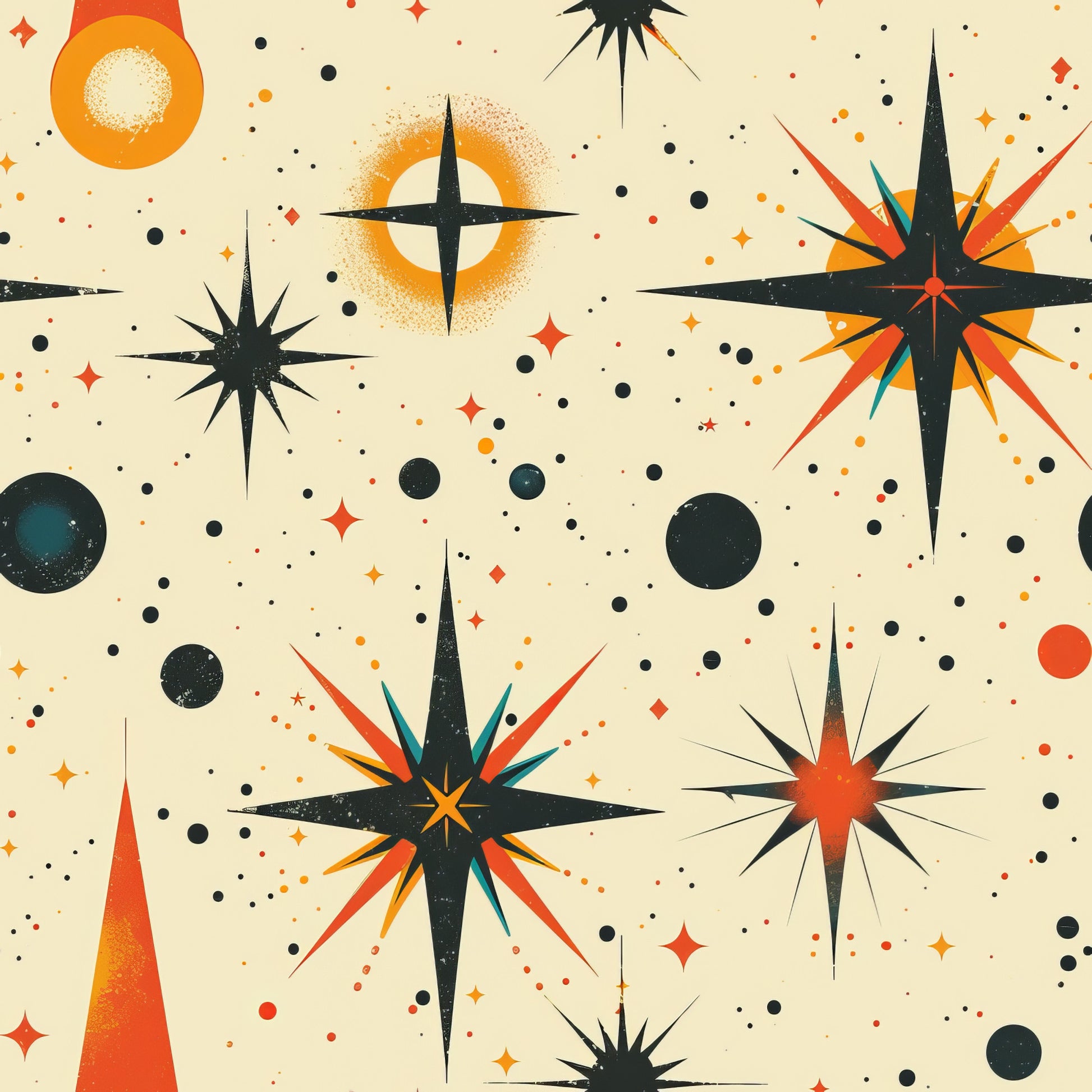 starburst pattern, retro design, mid-century modern, atomic age, space theme, celestial motifs, orange, teal, black, cream, beige, red, geometric shapes, radiating lines, circles, dots, stars, cosmic design, quilting cotton, fabric panel, vintage style, 1950s inspired