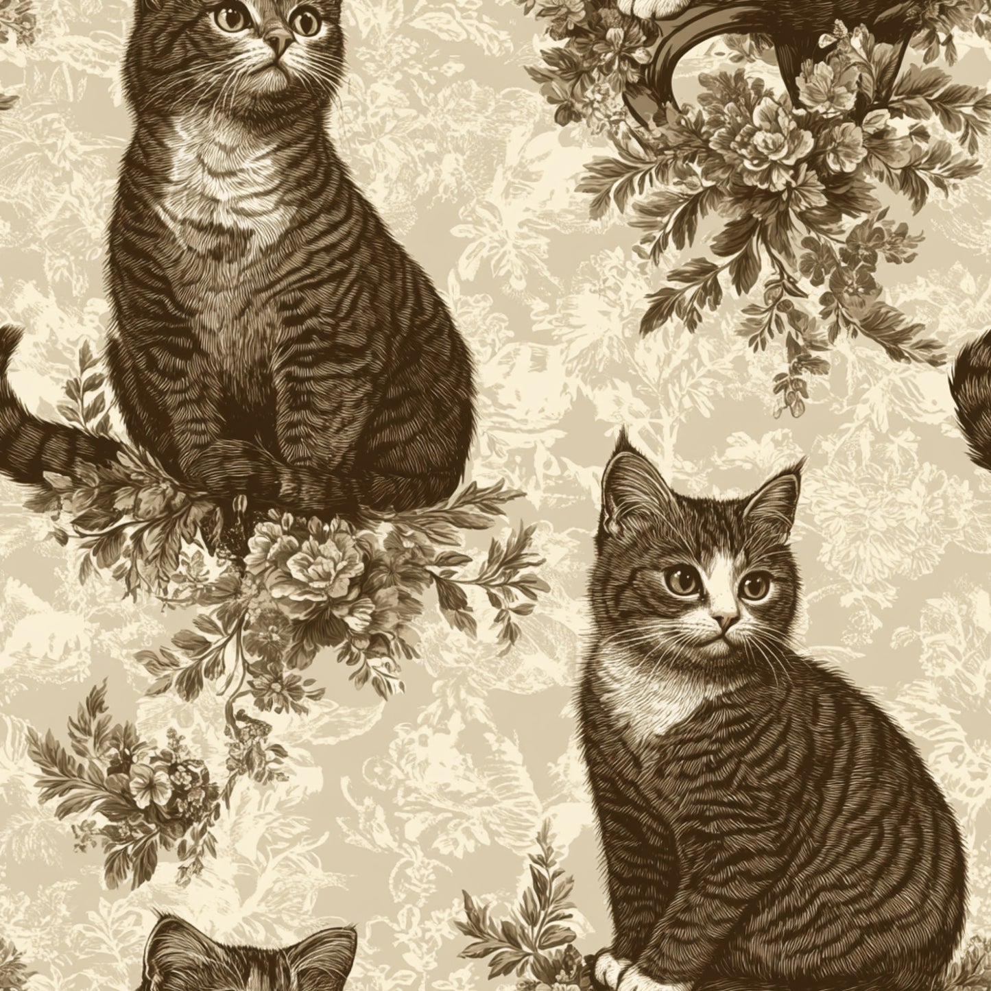 sepia, brown, beige, cream, vintage cats, tabby cats, floral motifs, lace patterns, victorian style, ornate flowers, quilting cotton, fabric panel, feline portraits, botanical elements, antique illustration, monochromatic, decorative florals, sitting cats, etched style, romantic florals