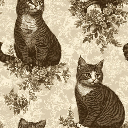 sepia, brown, beige, cream, vintage cats, tabby cats, floral motifs, lace patterns, victorian style, ornate flowers, quilting cotton, fabric panel, feline portraits, botanical elements, antique illustration, monochromatic, decorative florals, sitting cats, etched style, romantic florals
