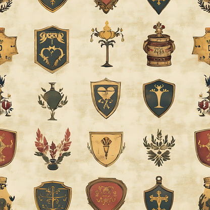 rustic german, medieval shields, heraldic banners, coat of arms, vintage beige, forest green, burgundy red, golden yellow, quilting cotton, fabric panel, medieval motifs, antique style, heraldic emblems, weathered texture, renaissance design, decorative crests, aged parchment, european heritage, shield patterns, ornamental details