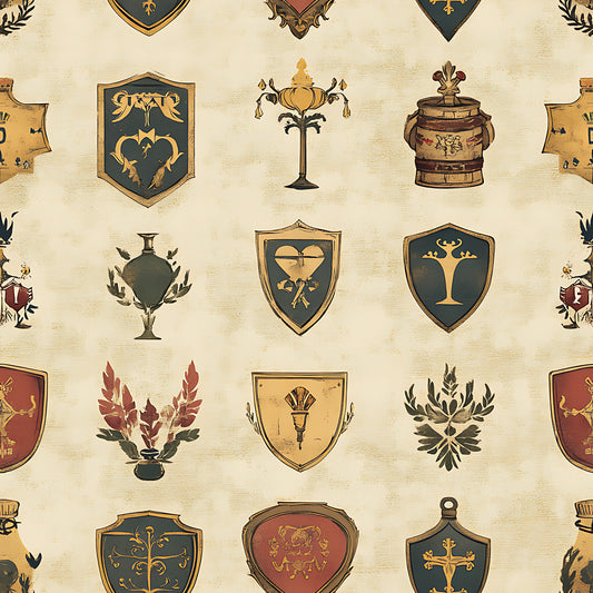 rustic german, medieval shields, heraldic banners, coat of arms, vintage beige, forest green, burgundy red, golden yellow, quilting cotton, fabric panel, medieval motifs, antique style, heraldic emblems, weathered texture, renaissance design, decorative crests, aged parchment, european heritage, shield patterns, ornamental details