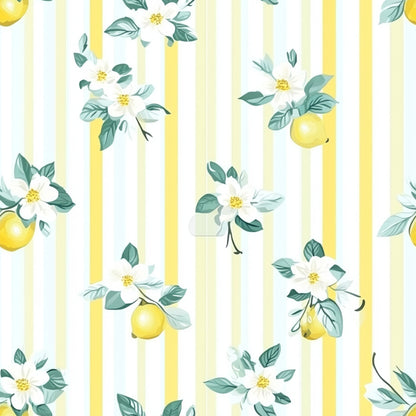 yellow, white, green, sage green, lemon, citrus fruit, floral, flowers, leaves, botanical, stripes, vertical stripes, shabby chic, cottage core, spring, fresh, watercolor style, quilting cotton, fabric panel, repeating pattern