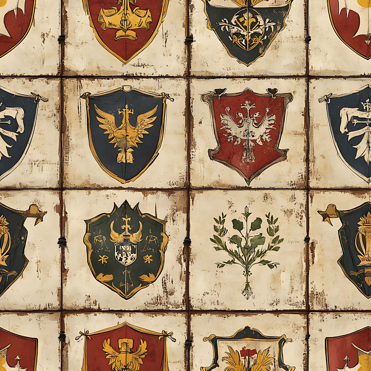 rustic brown, cream beige, dark green, burgundy red, golden yellow, heraldic shields, medieval banners, coat of arms, eagle motifs, botanical elements, weathered texture, vintage distressed, quilting cotton, fabric panel, european inspired, historical design, armorial bearings, aged parchment, decorative crests, renaissance style