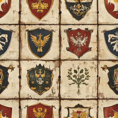 rustic brown, cream beige, dark green, burgundy red, golden yellow, heraldic shields, medieval banners, coat of arms, eagle motifs, botanical elements, weathered texture, vintage distressed, quilting cotton, fabric panel, european inspired, historical design, armorial bearings, aged parchment, decorative crests, renaissance style