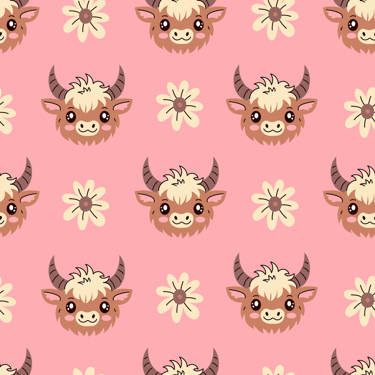 pink background, highland cows, baby animals, cute faces, horns, fluffy hair, white flowers, daisies, kawaii style, adorable expressions, repeating pattern, quilting cotton, fabric panel, pastel colors, cream colored, brown animals, cheerful mood, nursery theme, farm animals, seamless design