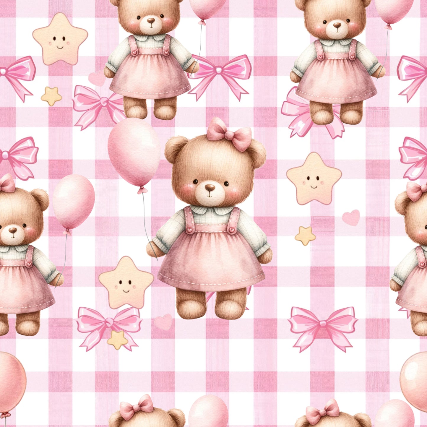 pink, baby pink, blush pink, cream, gingham pattern, checkered background, teddy bears, cute bears, balloons, ribbons, bows, star decorations, nursery theme, baby girl, kawaii style, whimsical, sweet, quilting cotton, fabric panel, children's fabric, soft pastels, adorable characters