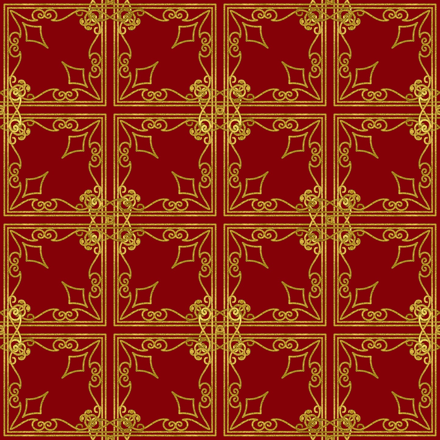 red, gold, burgundy, ornate scrollwork, decorative flourishes, geometric squares, repeating pattern, elegant motifs, victorian style, christmas fabric, quilting cotton, fabric panel, holiday theme, intricate borders, symmetrical design, festive colors, ornamental design, luxurious appearance
