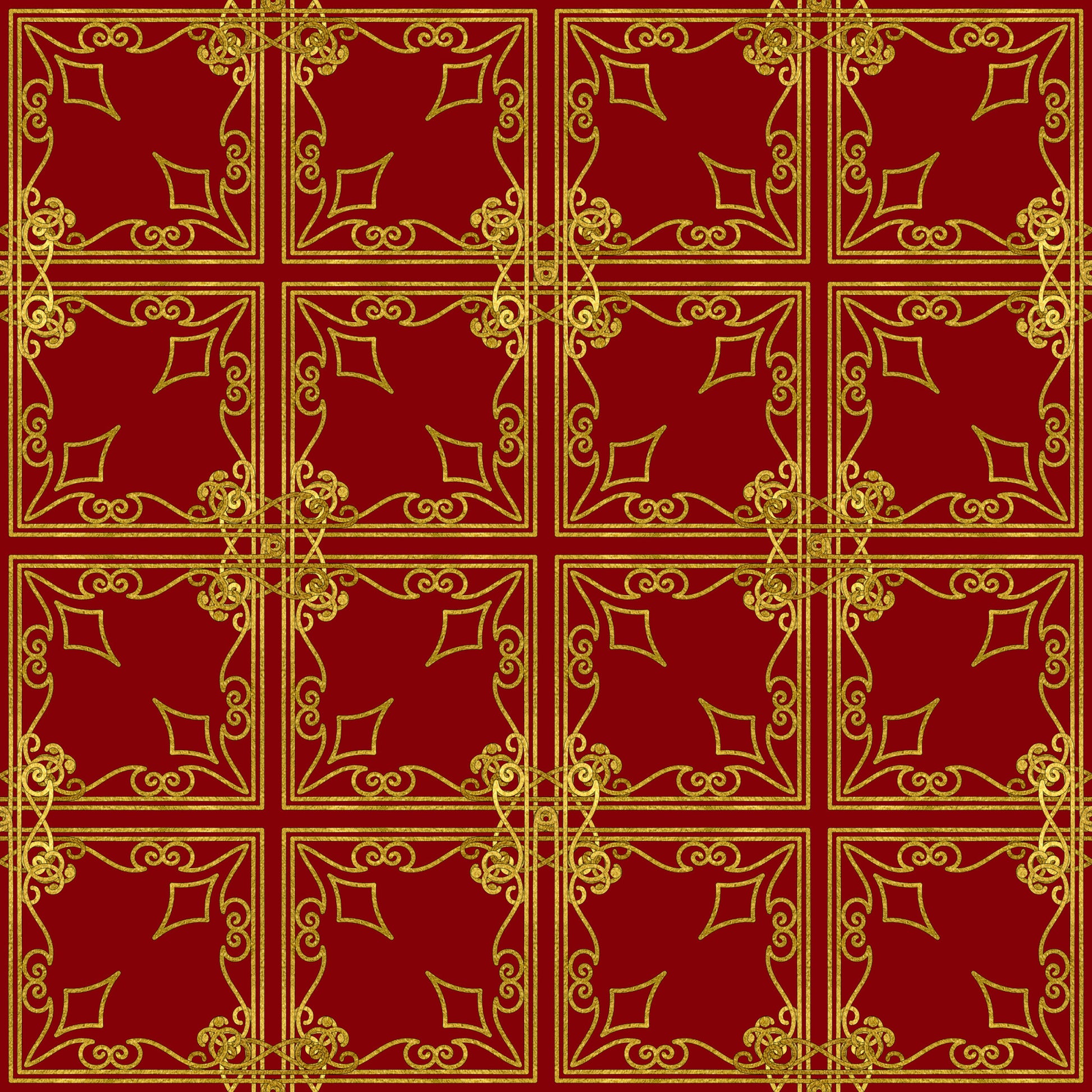 red, gold, burgundy, ornate scrollwork, decorative flourishes, geometric squares, repeating pattern, elegant motifs, victorian style, christmas fabric, quilting cotton, fabric panel, holiday theme, intricate borders, symmetrical design, festive colors, ornamental design, luxurious appearance