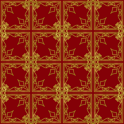 red, gold, burgundy, ornate scrollwork, decorative flourishes, geometric squares, repeating pattern, elegant motifs, victorian style, christmas fabric, quilting cotton, fabric panel, holiday theme, intricate borders, symmetrical design, festive colors, ornamental design, luxurious appearance