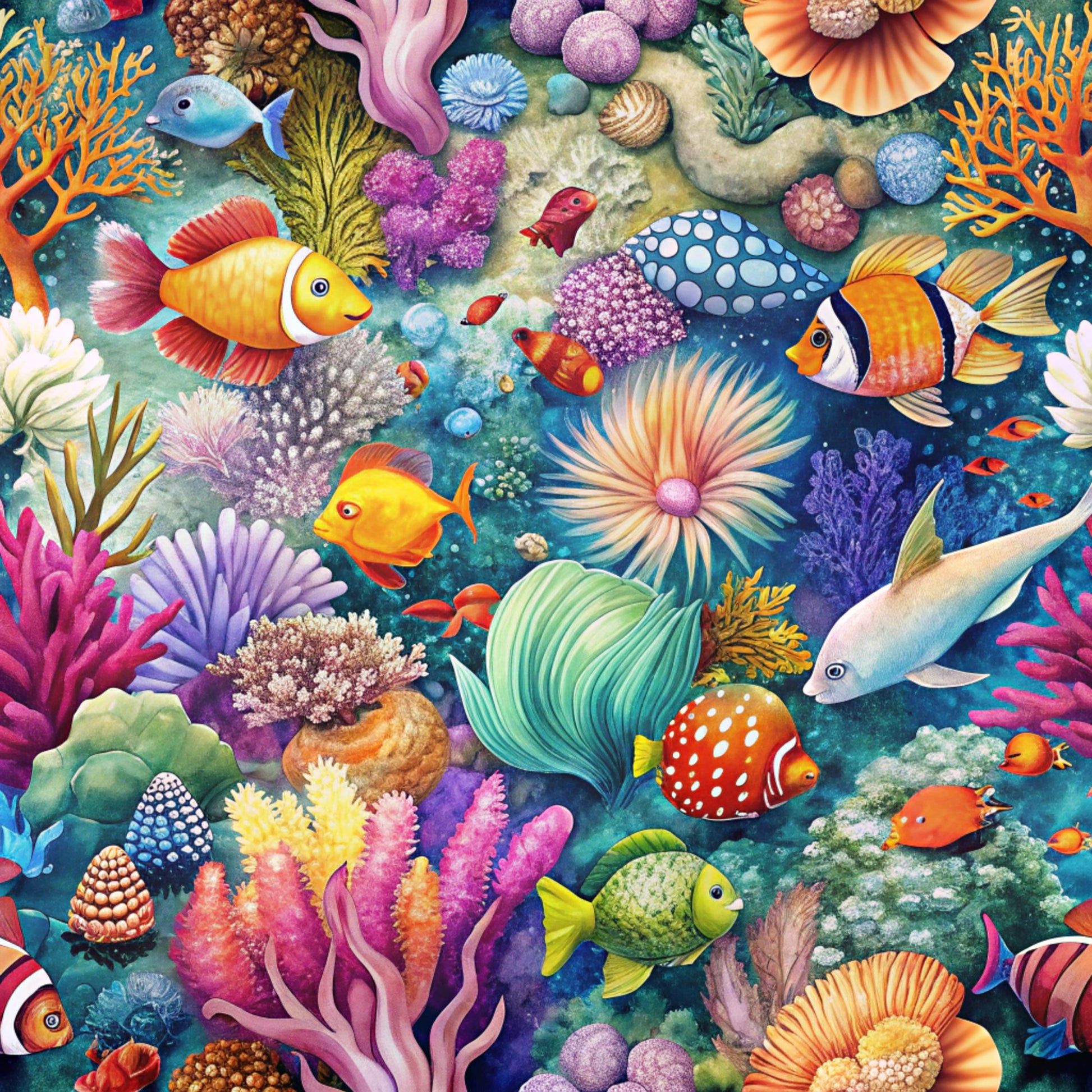 coral reef, tropical fish, sea anemones, underwater scene, vibrant colors, orange coral, purple sea urchins, clownfish, angelfish, marine life, ocean themed, bright blues, pink corals, yellow fish, aquatic pattern, quilting cotton, fabric panel, colorful seascape, reef ecosystem, whimsical illustration