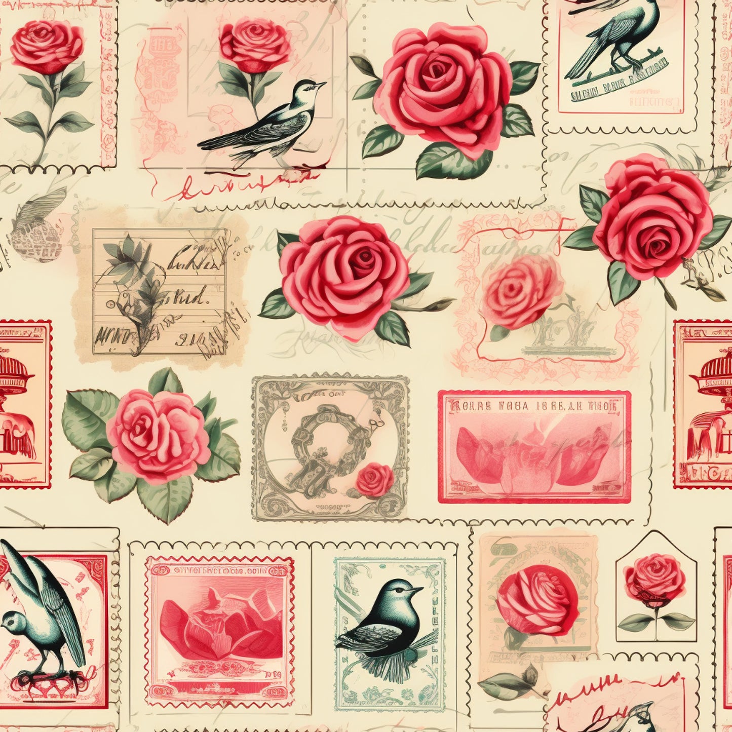 vintage stamps, pink roses, coral flowers, small birds, beige background, cream tones, red accents, green leaves, postage stamps, floral motifs, romantic theme, cottagecore aesthetic, quilting cotton, fabric panel, nostalgic design, botanical elements, love letters, soft pastels, shabby chic, vintage postal