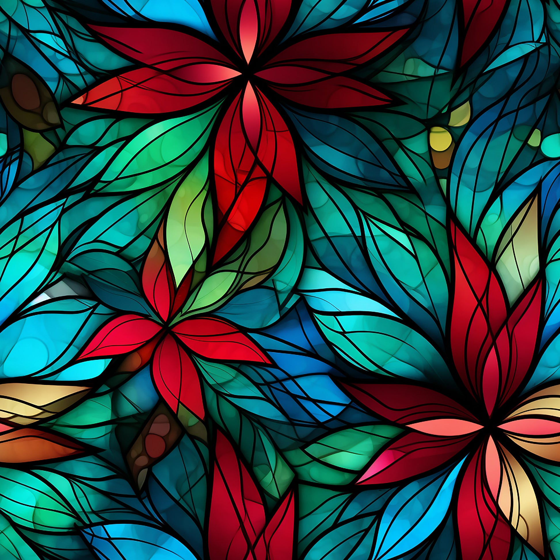 stained glass, floral motifs, red flowers, blue petals, green leaves, turquoise accents, geometric patterns, translucent effect, botanical design, vibrant colors, quilting cotton, fabric panel, christmas theme, holiday fabric, mosaic style, decorative florals, multi-colored, festive pattern, crafting material