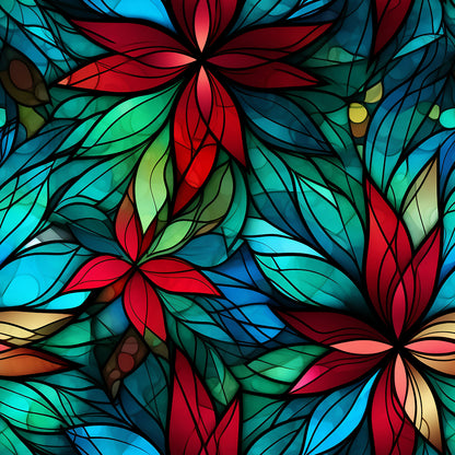 stained glass, floral motifs, red flowers, blue petals, green leaves, turquoise accents, geometric patterns, translucent effect, botanical design, vibrant colors, quilting cotton, fabric panel, christmas theme, holiday fabric, mosaic style, decorative florals, multi-colored, festive pattern, crafting material