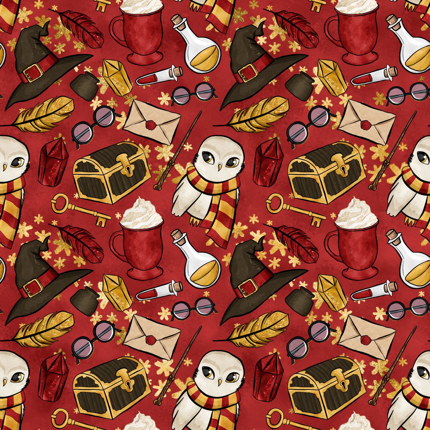 burgundy red, golden yellow, wizard hat, white owl, striped scarf, potion bottles, treasure chest, quill feathers, round glasses, magic wands, lantern, envelope, skeleton key, quilting cotton, repeating pattern, whimsical illustration, magical theme, school supplies, fantasy elements, seamless design